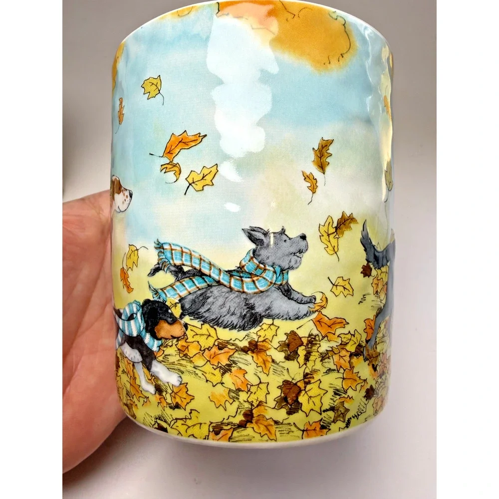 Pier 1 Park Avenue Puppies Mug Lazy Sunday Autumn Dogs 22 Oz Mug Retired Set 2